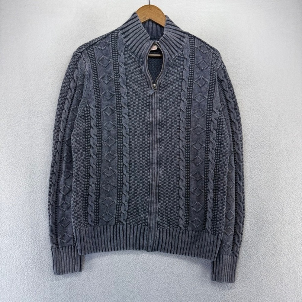 Carbon 2 Cobalt Sweater Mens Large Blue Full Zip Cable Knit Linen Cotton Blend